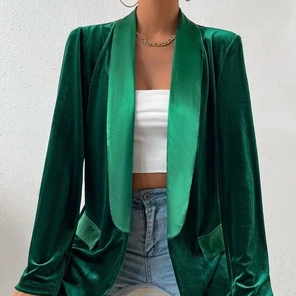 Green Elegant Womens Shawl Collar Open Front Velvet Blazer - Picture 3 of 5